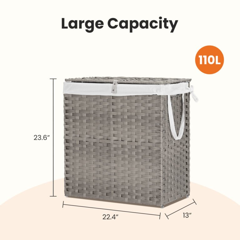 110L Laundry Basket with Lid, Foldable Rattan with Compartments - View 2