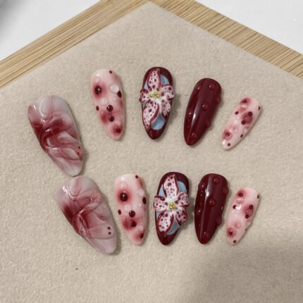 Blooming Hand-painted Three-dimensional Carved White High-grade Mid-length Manicure