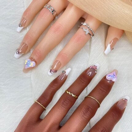 GGDDSHA 10pcs  Press On Nails Long CoffinFake Nails Fashion Rhinestone Design Art Charmsfor Women Handmade Nail Art Manicure Gradient,Luxe Amour