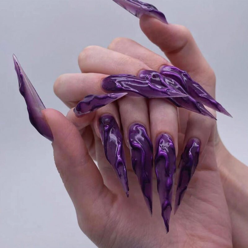 24 PCS Devils Claws Press-On Nails, Glossy Purple Glitter Stiletto