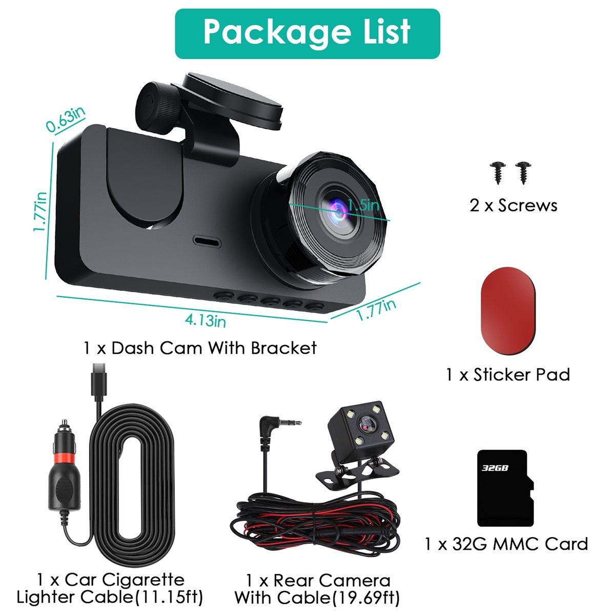 Aisivo 3-Channel Car Camera with 32GB Memory Card - detail view 2