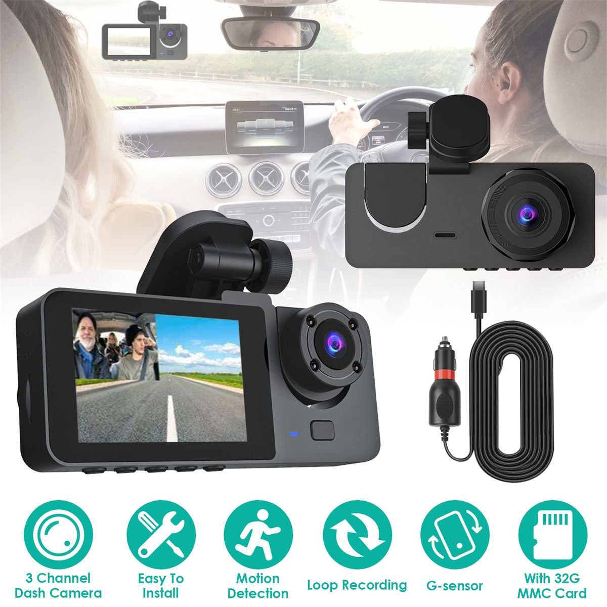Aisivo 3-Channel Car Camera with 32GB Memory Card - detail view 9